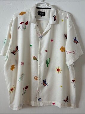 FINAL! Malibu by Drill Cream Button-Up Shirt with Multicolor Embroidered Motifs